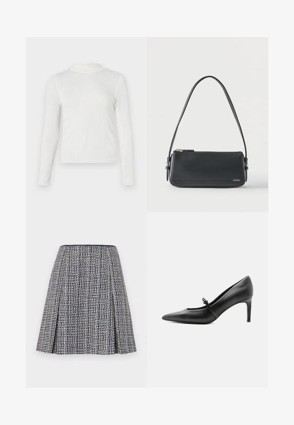 Hvid langærmet bluse med høj mock neck. Ribbet tekstur med en tætsiddende pasform. Søm detaljer skaber et struktureret udseende.; Marineblå tweednederdel med et struktureret mønster, flagrende silhuet og plisseringer. Livremmen er sort, hvilket fremhæver nederdelens design.; Sort læderspids højhælede sko med tynd rem og spænde over vristen, stående på en neutral lys baggrund.; Sort rektangulær skuldertaske i læder med guld lynlås og lille guld "HUGO"-logo på fronten, med justerbar strop med spænde.