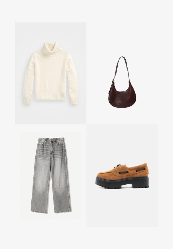 Cremefarvet turtleneck sweater, strikket tekstur, ribbet krave og manchetter, tætsiddende design med cropped længde og blød finish.; VIDEAJEANS i falmet sort denim med høj talje, der har fem lomme design og kontrasterende syning for tekstur.; Brun mokkasinsko i ruskind med kraftig sort sål med mønster, snøredetaljer og præget logo på siden, vist fra ydersiden.; Brun læder skuldertaske, buet form, justerbar rem, præget logo, glat tekstur, minimal detaljer.