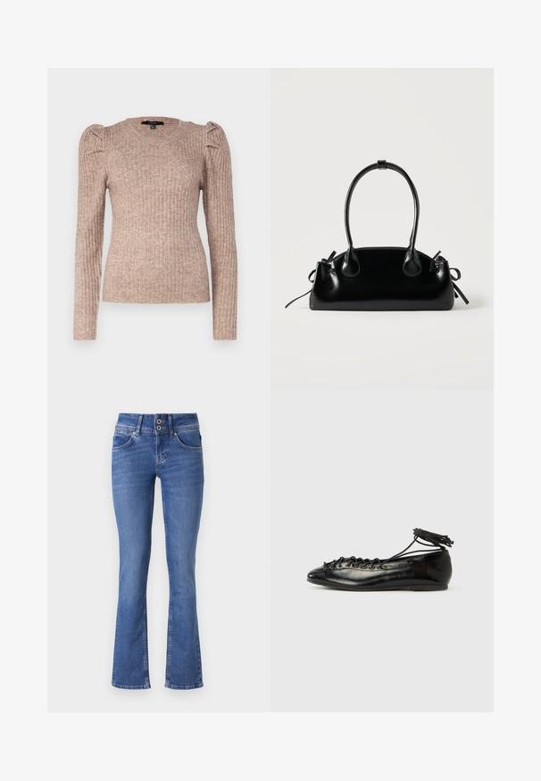 Vero Moda VMKIM UNECK - Svetrík - beige; Modré denimové džínsy s rozšírenými nohavicami, s dvojitým zapínaním, piatimi vreckami a jemným ošúchaním na prednej strane.; Čierne baleríny z lakovanej kože s okrúhlou špičkou, šnurovačkou a plochou podrážkou. Hladká textúra s minimálnymi detailmi.; Malá čierna lesklá kabelka s dvoma dlhými rúčkami a bočnými šnúrkovými detailmi na jednoduchom svetlom pozadí.