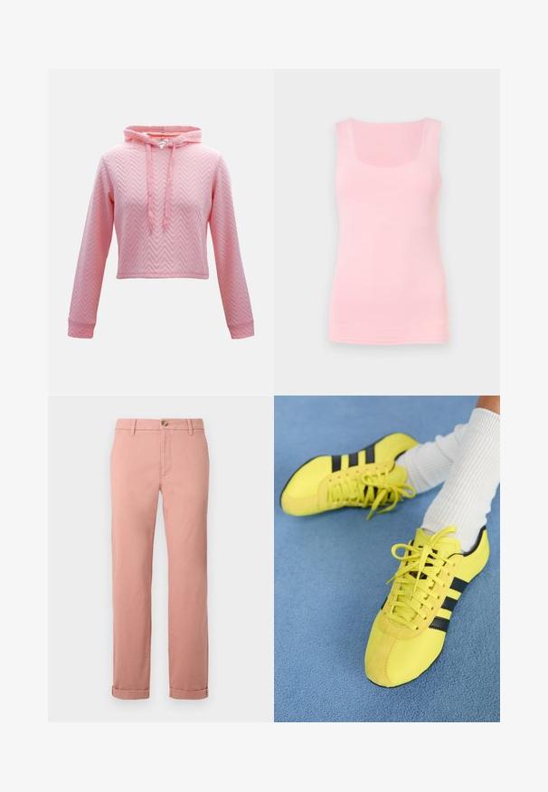 Roze cropped hoodie met lange mouwen, voorzien van een visgraattextuur, verstelbare trekkoordkap en geribde manchetten.; Lichtroze mouwloos tanktop met een vierkante halslijn, getoond tegen een effen lichte achtergrond.; Lichtroze chinos van katoen met rechte pijpen, voorzien van een voorste knoopsluiting, riemlussen en opgerolde mouwen. Soepele textuur.; Heldere gele sportschoenen met zwarte strepen en veters; heeft een gestructureerde bovenkant en suède accenten. Draagt bij witte geribbelde sokken.