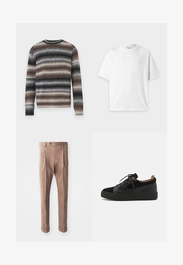Suéter de punto con rayas horizontales en tonos marrón, gris y negro. Cuello redondo, mangas largas y puños y dobladillo acanalados.; Camiseta blanca lisa de manga corta y cuello redondo, colocada plana sobre un fondo gris claro.; Pantalones caqui hechos de tela texturizada, con una cintura alta, pliegues y puños enrollados, y un cierre de botón en la cintura.; Giuseppe Zanotti DOUBLE ZIP - Zapatillas - black