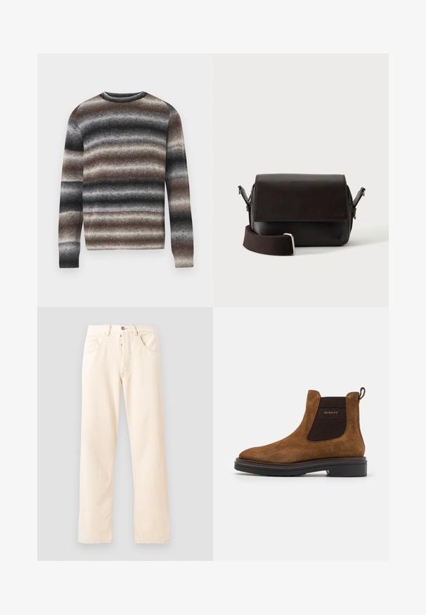 Strickpullover mit horizontalen Streifen in Braun-, Grau- und Schwarztönen. Rundhalsausschnitt, lange Ärmel und gerippte Bündchen am Saum und an den Ärmelenden.; Helle beige Denim-Jeans mit geradem Bein, fünf Taschen und einer Knopfverschluss vorne. Nähte sichtbar entlang der Nähte.; Braune Wildleder-Ankle-Boots mit einer abgerundeten Zehe und elastischen seitlichen Einsätzen. Verfügt über ein schwarzes, strukturiertes Akzent und eine Zuglasche auf der Rückseite. Schwarze Sohle.; Dunkelbraune Leder-Umhängetasche mit Klappenverschluss und verstellbarem Stoffriemen auf weißem Hintergrund.