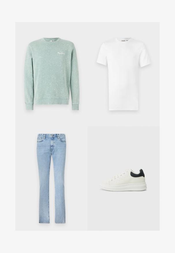 Hellgrüner Sweatshirt aus weichem Stoff, mit Rundhalsausschnitt, langen Ärmeln, gerippten Bündchen und einem kleinen weißen Logo auf der Brust.; Ein schlichtes weißes T-Shirt mit kurzen Ärmeln und Rundhalsausschnitt, mit einem kleinen Markenetikett im Krageninneren, auf weißem Hintergrund dargestellt.; Helle blaue Jeans aus Denim mit geradem Bein, Fünf-Taschen-Design und Knopfverschluss. Glatte Textur und gleichmäßige Ausbleichung.; Weißer Ledersneaker mit schwarzem Fersenakzent, rundem Zehenbereich, flacher weißer Sohle und Schnürverschluss. Minimale Perforationen an den Seiten.