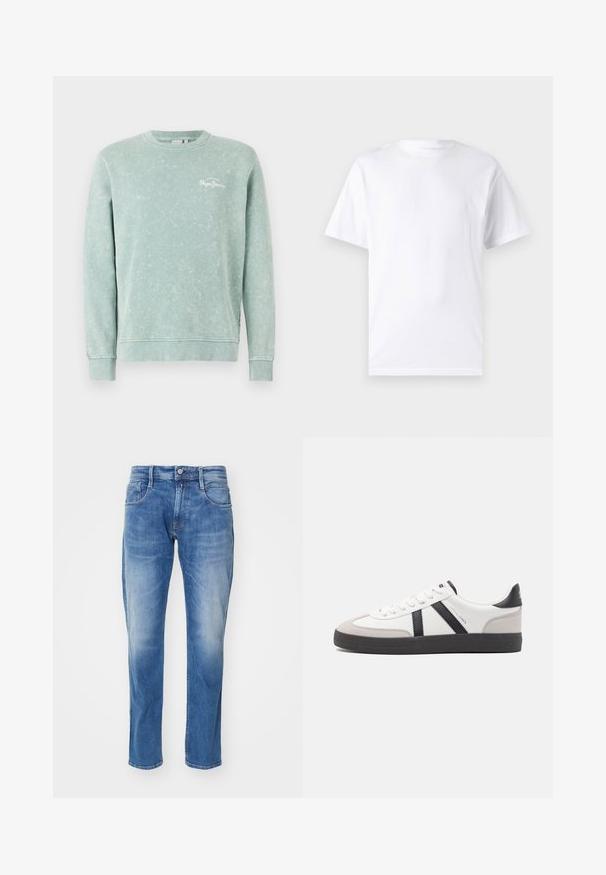 Sudadera de color verde claro hecha de una tela suave, con cuello redondo, mangas largas, puños acanalados y un pequeño logo blanco en el pecho.; Camiseta blanca de manga corta hecha de algodón con cuello redondo, que presenta una textura suave y un diseño simple sin patrones ni acentos.; Jeans de mezclilla azul claro con corte recto, diseño de cinco bolsillos, un ligero desgastado y una cinturilla estándar con cierre de botón.; Zapatilla blanca con acentos en negro y gris, que presenta una puntera texturizada en gris, suela de goma negra y cordones planos blancos. Diseño limpio, estilo minimalista.