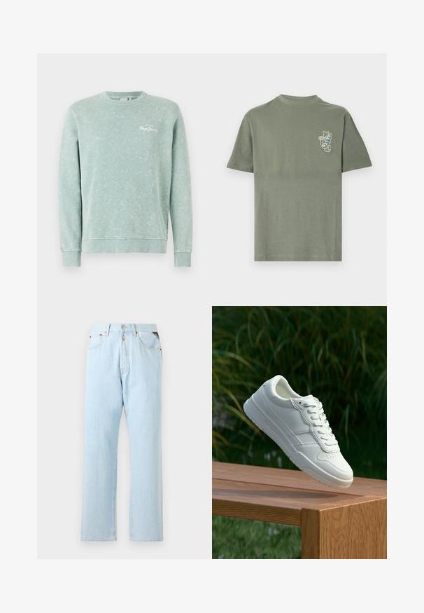 Lysegrøn sweatshirt lavet af blødt stof, med rund hals, lange ærmer, ribbede manchetter og et lille hvidt logo på brystet.; Olivengrøn kortærmet t-shirt med et lille abstrakt linjekunst ansigt i hvid, gul og blå på venstre bryst.; Lyseblå denimjeans med lige ben. Har en knap- og dyse-lukning, fem lommer og kontraststing.; Hvide lædersneakers med en glat overflade, prydet med perforeret design, klassisk snørering og gummisål, placeret over en træoverflade.