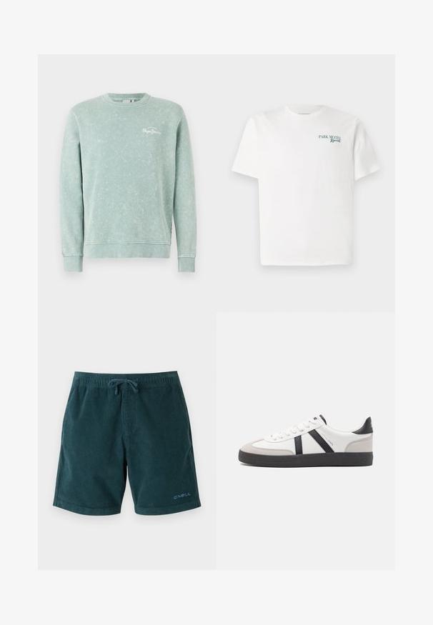 Sudadera de color verde claro hecha de una tela suave, con cuello redondo, mangas largas, puños acanalados y un pequeño logo blanco en el pecho.; Camiseta de algodón blanca con cuello redondo. En el frente destaca un texto verde: "PARK MOTEL Resort". Mangas cortas y un corte relajado. Textura suave.; Bañador de pana en color verde azulado oscuro con cintura elástica y cordón. Presenta un logo en la parte inferior de la pierna derecha. Textura suave, diseño hasta la rodilla.; Zapatilla blanca con acentos en negro y gris, que presenta una puntera texturizada en gris, suela de goma negra y cordones planos blancos. Diseño limpio, estilo minimalista.