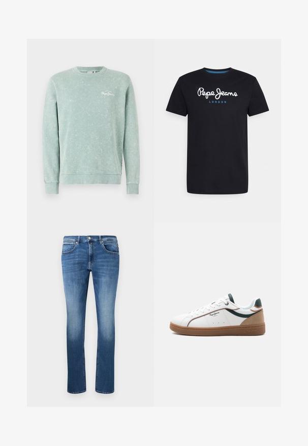 Hellgrüner Sweatshirt aus weichem Stoff, mit Rundhalsausschnitt, langen Ärmeln, gerippten Bündchen und einem kleinen weißen Logo auf der Brust.; Schwarzes Baumwoll-T-Shirt mit einem weißen Schriftlogo "Pepe Jeans" und blauen Akzenten, Rundhals und kurzen Ärmeln. Einfaches, schlichtes Design.; Blaue Jeans aus Denim mit geradem Schnitt, mit leichter Ausbleichung, fünf Taschen und einem Knopf- und Reißverschluss. Genähte Details entlang der Nähte.; Weißer Sneaker mit niedriger Schafthöhe, brauner Sohle, grünen und beigen Akzenten, weißen Schnürsenkeln und dem Logo "Pepe Jeans London" an der Seite.