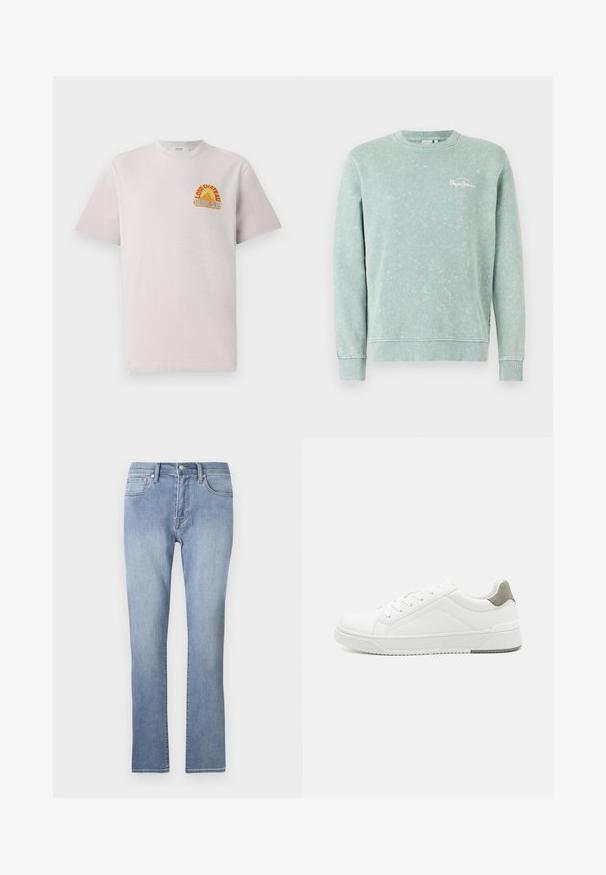 Lysegrøn sweatshirt lavet af blødt stof, med rund hals, lange ærmer, ribbede manchetter og et lille hvidt logo på brystet.; Lysegrå bomulds T-shirt med rund hals, der har et farverigt "Lone Château Replay" grafik i orange og blå på brystet.; Blå denimjeans med lige ben, der har lynlås-åbning, fem lommer og falmede detaljer på lårene.; Hvid sneaker lavet af glat læder, rund tå, minimalistisk design, grå hælafsats og tekstureret gummisål.