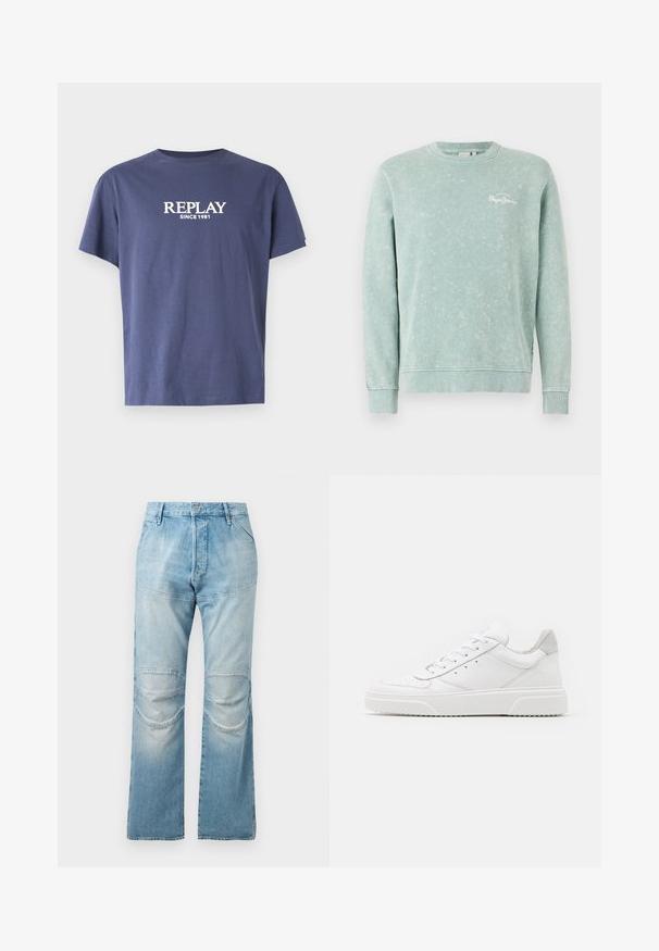 Sudadera de color verde claro hecha de una tela suave, con cuello redondo, mangas largas, puños acanalados y un pequeño logo blanco en el pecho.; Camiseta de algodón azul marino con cuello redondo, mangas cortas y texto blanco "REPLAY SINCE 1981" impreso en la parte delantera. Diseño sencillo, sin patrones.; Jeans de corte recto de talle alto en azul claro, con parches en las rodillas y una textura desgastada. Cierre de botón metálico en la cintura.; Zapatillas de cuero blanca con un acabado suave, punta redondeada, cordones planos y una suela texturada. Acento de ante gris en el talón.