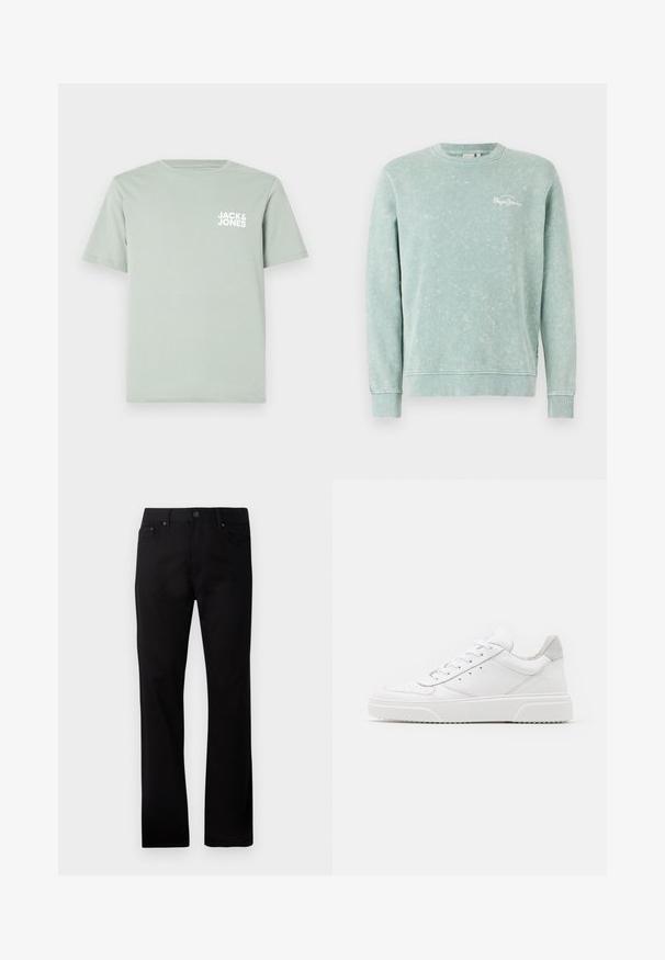 Lichtgroene sweatshirt van zachte stof, met een ronde hals, lange mouwen, geribde manchetten en een klein wit logo op de borst.; Lichtgroene katoenen T-shirt met een ronde halslijn en korte mouwen. Voorzien van een wit logo "JACK & JONES" dat op de linkerborst is gedrukt.; Zwarte rechte jeans gemaakt van denim, met een voor sluiting met knoop, twee zijzakken en een gladde textuur.; Witte leren sneakers met een gladde afwerking, ronde neus, platte veters en een gestructureerde zool. Grijze suède accent bij de hiel.