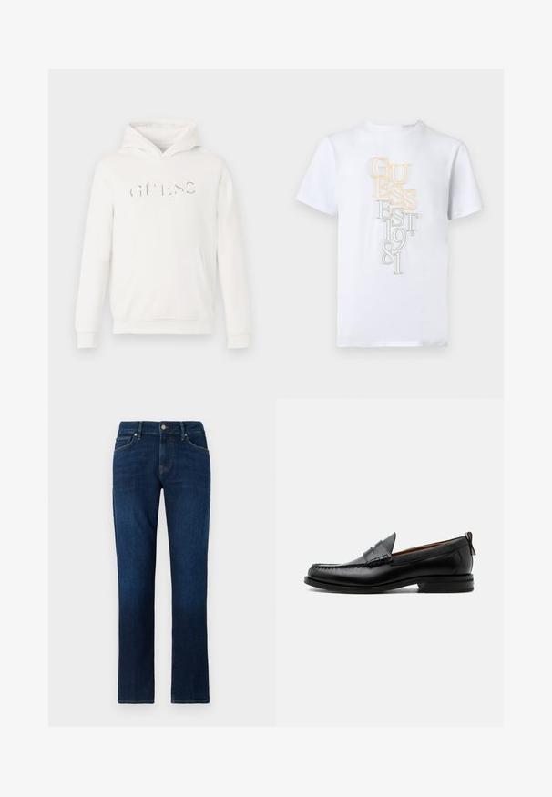 Hvid hætte-sweatshirt lavet af blødt stof. Har en kængurulomme og et hævet "GUESS" logo. Ærmer og kant er afsluttet med ribbede detaljer.; Hvid T-shirt med korte ærmer og lodret, overlappende tekst "GUESS EST. 1981" i gult og gråt i midten foran.; Mørkeblå denim jeans med lige ben, foran lukket med knap og lynlås, fem-lommers design og kontrasterende syninger.; Sort læder herre loafer med moc-tå syning, penny strop, struktureret krave og lav stablet hæl på hvid baggrund.