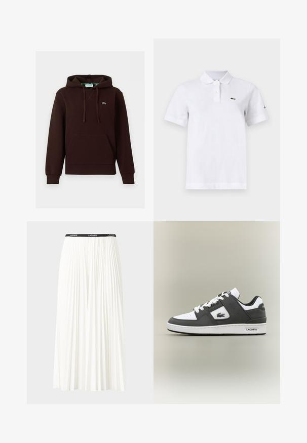 Donkerbruine hoodie met voorzak, verstelbare trekkoordkap en klein groen geborduurd Lacoste-logo op de borst.; Witte polo met korte mouwen, twee knopen, een klein groen krokodillenlogo op de linkerborst en een subtiel zwart logo op de linkermouw.; Plisséminirok in het wit met een zwarte elastische tailleband met het "LACOSTE"-logo. Middellange ontwerp met een zachte textuur.; Zwart-witte Lacoste sneaker met witte veters, geperforeerde neus, krokodillogo aan de zijkant en merksol op een neutrale achtergrond.