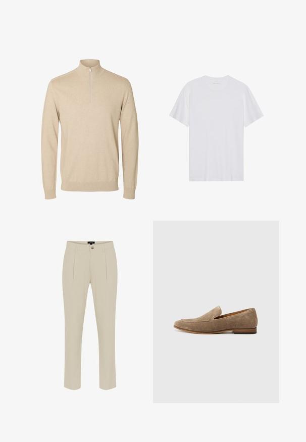 Pull beige à manches longues avec un col montant et une petite fermeture éclair au centre devant.; T-shirt en coton blanc à manches courtes, col rond et texture lisse. Présente un branding minimal au niveau du col.; Pantalon beige ajusté avec une texture lisse, doté d'une fermeture à bouton, de plis à l'avant et de jambes fuselées.; Mocassins en daim marron clair avec un design cousu, semelle plate et côtés ouverts pour un enfilage facile. Semelle en caoutchouc pour la durabilité.