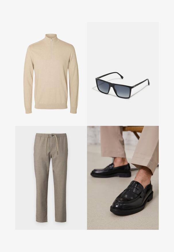 Jersey beige de manga larga con un cuello alto y una cremallera corta en el centro delantero.; Pantalones beige con una cinturilla elástica, cierre de cordón y corte recto. El material tiene una textura sutil.; Mocasines de cuero negro con un acabado suave, que cuentan con una correa decorativa y costuras en contraste, combinados con pantalones beiges.; Gafas de sol rectangulares negras con lentes degradados de oscuros a claros. Montura de plástico con diseño elegante y mínima decoración en los laterales.