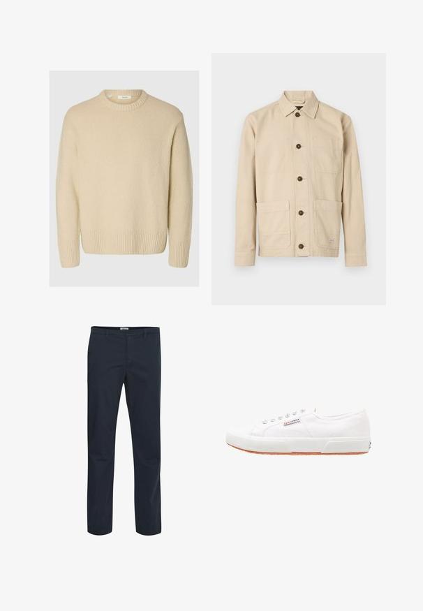 Cremefarvet sweater lavet af tekstureret stof. Har en ribbet rund halsudskæring og ribbede mansjetter, med en afslappet pasform og lange ærmer.; Lysebeige arbejdsjakke, bomuldsstof, med knapper foran, spids krave, to brystlommer, to nederste lommer, brune knapper, syningsdetaljer.; Mørkeblå bukser lavet af en blanding af bomuldsstof. Har et klassisk design med forlommer og lynlås. Glat tekstur.; Hvide kanvas sneakers med gummisål, snørebåndsdesign og et lille logo mærke på siden. Tekstureret hvid overdel og brun ydersål.