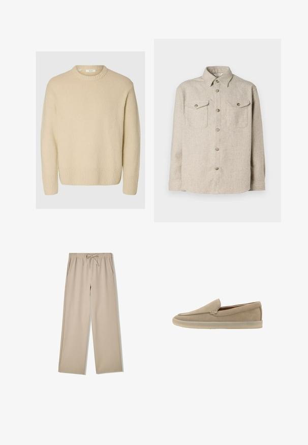 Pull crème en tissu texturé. Présente un col rond côtelé et des poignets côtelés, avec une coupe décontractée et des manches longues.; Chemise en beige texturé avec des manches longues, deux poches poitrine boutonnées et un col classique, étalée à plat sur un fond blanc.; Pantalon beige à jambes larges avec taille élastique et cordon de serrage, doté de poches latérales, posé à plat sur fond blanc.; Mocassin beige en daim à enfiler, semelle en caoutchouc clair, petit talon et coutures discrètes le long du bord supérieur.