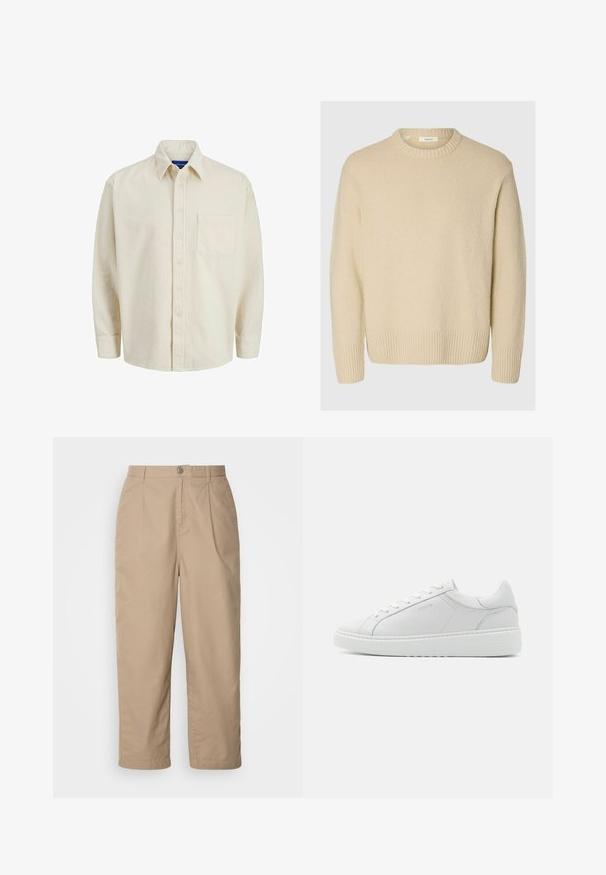 Cremefarvet sweater lavet af tekstureret stof. Har en ribbet rund halsudskæring og ribbede mansjetter, med en afslappet pasform og lange ærmer.; Beige corduroy skjorte med knaplukning foran, krave, lange ærmer og en enkelt brystlomme. Har smalle lodrette striber.; Beige, lette bomuldsbukser med plisset front, knaplukning og lige ben, der har en glat tekstur og ingen synlige mønstre.; Hvide lædersneakers med en glat tekstur, rund tå, lav profil og diskret branding på siden. Polstret krave og snørebånd.