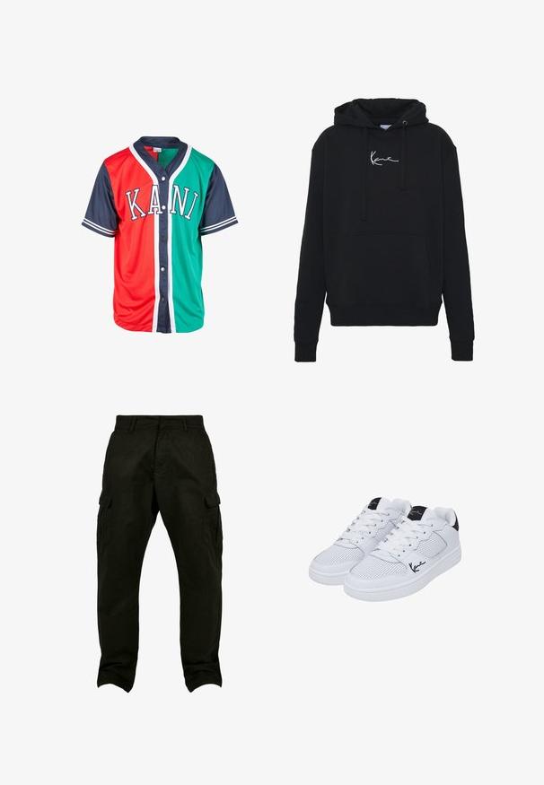 Sort hættejakke lavet af blødt stof, med en forlomma, snore og hvidt logo broderi på brystet. Klassisk pasform og ribbede manchetter.; Kortærmet skjorte i jerseystof med røde, grønne og marineblå paneler, hvid kant og bogstaverne "KANI" tværs over brystet.; Sorte bomulds cargo bukser med en afslappet pasform, der har siderum, bæltestropper og lige ben. Tekstureret stof og forstærkede syninger.; Hvide sneakers med perforeret syntetisk materiale, flade snørebånd og en sort accent ved hælen, med en signatur i sort på siden.