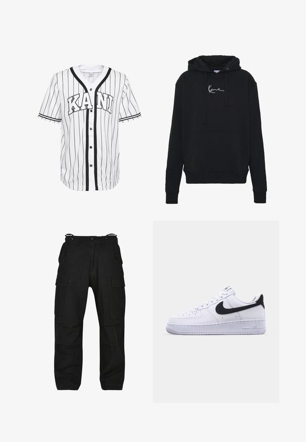 Schwarzer Hoodie aus weichem Material, mit einer Fronttasche, Kordelzügen und weißer Logo-Stickerei auf der Brust. Klassische Passform und gerippte Bündchen.; Weißes Baseball-Trikot mit kurzen Ärmeln und schwarzen Streifen, mit einer Knopfleiste vorne und dem Wort "KANI" deutlich in schwarzen Buchstaben dargestellt.; Schwarze Cargo-Hosen aus robustem Material. Verfügt über mehrere Taschen, eine lockere Passform und einen Reißverschluss mit Knopfverschluss. Verstärkte Nähte an den Nähten.; Weißes Leder-Sneaker mit einem strukturierten schwarzen Swoosh, flachen Schnürsenkeln und einer Gummisohle mit genoppetem Muster. "AIR" ist auf der Ferse eingeprägt.