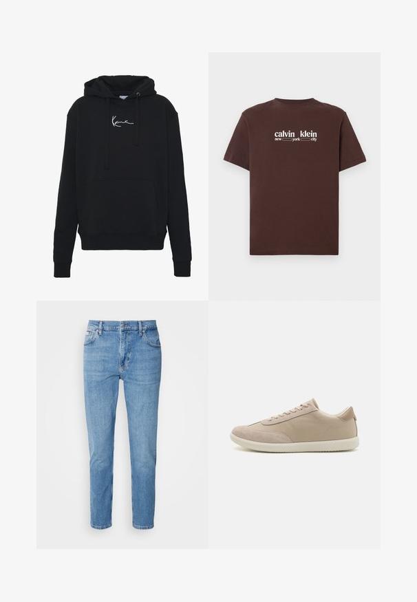 Sort hættejakke lavet af blødt stof, med en forlomma, snore og hvidt logo broderi på brystet. Klassisk pasform og ribbede manchetter.; Brun bomulds-t-shirt med korte ærmer. Har hvid tekst "calvin klein new york city" på fronten. Klassisk rund hals.; Lys blå denim jeans med lige snit, fem-lomme design og subtilt slid. Har knaplukning og bæltestropper.; Beige sneakers lavet af en blanding af ruskind og lærred, med snørebånd, rund tå, textureret sål og et subtilt brandlogo på siden.
