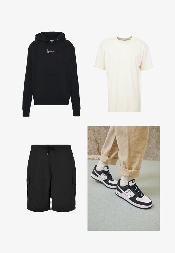 Sort hættejakke lavet af blødt stof, med en forlomma, snore og hvidt logo broderi på brystet. Klassisk pasform og ribbede manchetter.; T-shirt med korte ærmer og rund hals i lys cremefarve. Fremstillet af blødt bommateriale med en afslappet pasform og minimale sømme.; Sorte cargoshorts med elastisk talje, justerbar snøre og knaplukning på sidelommerne.; Sorte og hvide Nike Air Force 1 sneakers med læderoverdel, perforeret tå og tekstureret såldetalje, båret med rullede beige bukser og hvide sokker.
