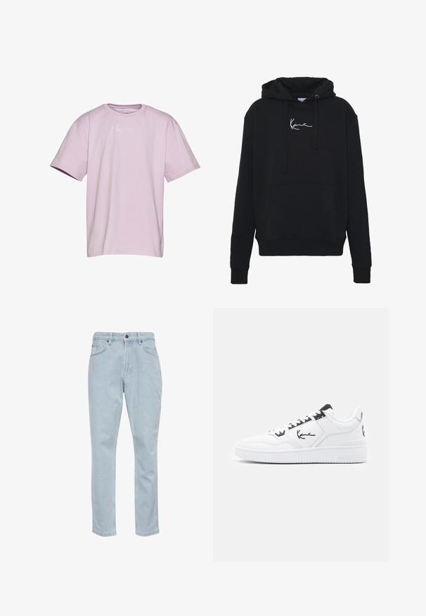 Sort hættejakke lavet af blødt stof, med en forlomma, snore og hvidt logo broderi på brystet. Klassisk pasform og ribbede manchetter.; Lavendel kortærmet t-shirt lavet af bomuld, med et hvidt logo på brystet, afslappet pasform og rund halsudskæring.; Lyseblå denimjeans med lige ben, fem lommer og metalknaplukning. Glat tekstur og let falmede detaljer.; Hvide lædersneakers med sorte detaljer, der har et signaturlogo på siden, rund tå og tekstureret gummisål.