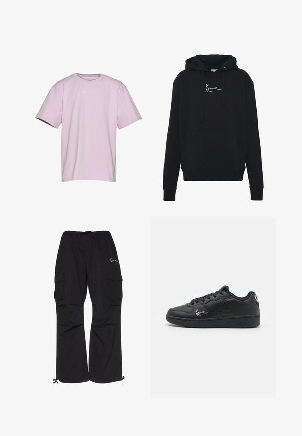 Sort hættejakke lavet af blødt stof, med en forlomma, snore og hvidt logo broderi på brystet. Klassisk pasform og ribbede manchetter.; Lavendel kortærmet t-shirt lavet af bomuld, med et hvidt logo på brystet, afslappet pasform og rund halsudskæring.; Sorte cargobukser lavet af letvægtsstof, med elastisk talje med snøre, sidelommer og justerbare manchetter.; Sorte sneakers lavet af syntetisk materiale, med et perforeret design, flade snørebånd, en gummisål og hvide signaturdetaljer.