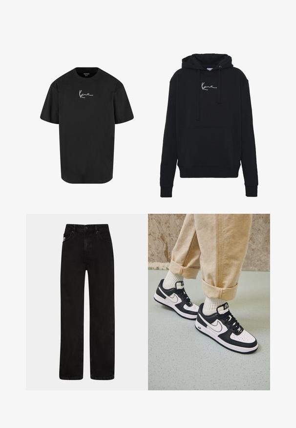 Zwarte hoodie van zachte stof, met een voorzak, koorden en witte logo borduring op de borst. Klassieke pasvorm en geribde manchetten.; Zwarte katoenen t-shirt met korte mouwen, ronde hals en een witte handtekeninglogo gedrukt op de voorkant. Soepele textuur en een ontspannen pasvorm.; Zwarte denim jeans met een rechte pijp, voorzien van voorzakken, een knoopsluiting en een subtiele logopatch op de tailleband.; Zwart-witte Nike Air Force 1 sneakers met een leren bovenwerk, geperforeerde neus en gestructureerde zooldetails, gedragen met opgerolde beige broek en witte sokken.