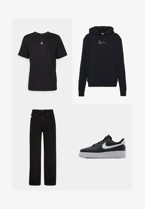 Zwarte hoodie van zachte stof, met een voorzak, koorden en witte logo borduring op de borst. Klassieke pasvorm en geribde manchetten.; Zwarte katoenen t-shirt met korte mouwen, ronde hals, voorzien van een witte Jumpman-logo op de borst en een gladde, lichte textuur.; Zwarte denim jeans met een rechte pijp, voorzien van voorzakken, een knoopsluiting en een subtiele logopatch op de tailleband.; Zwarte lederen sneaker met een textuur oppervlak, witte Nike swoosh, grijze zool, ronde neus en vetersluiting. Bevat perforaties op de neus.