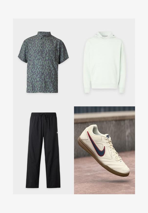 Sweat à capuche vert clair avec une poche kangourou à l'avant, des poignets et un ourlet côtelés. Dispose d'un petit logo blanc sur la poitrine. Texture de tissu douce.; Chemise à manches courtes boutonnée avec un motif camouflage abstrait vert et gris foncé et une poche poitrine.; Pantalon noir ample avec taille élastique et cordon, tissu léger et détails subtils de couture sur les jambes.; Baskets Nike blanches avec un swoosh bleu et rouge, une tige en cuir texturé, un laçage et une semelle en caoutchouc naturel.