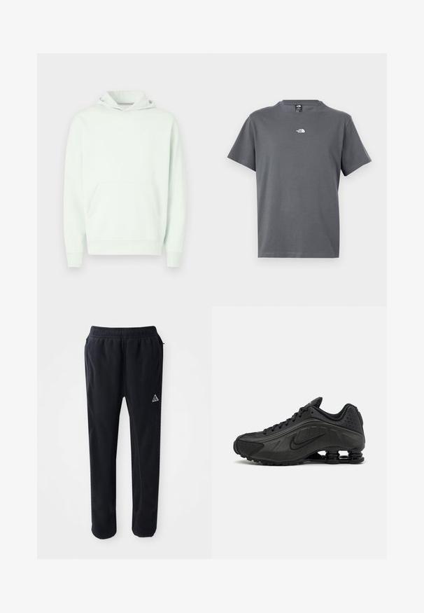Lichtgroene hoodie met een voorzak, geribbelde boorden en zoom. Heeft een klein wit logo op de borst. Zachte stoftextuur.; Grijs T-shirt met korte mouwen en ronde hals, met een klein wit The North Face-logo gecentreerd op de borst.; Zwarte sportbroek van een zachte, gestructureerde stof, met een elastische tailleband, zijzakken en een driehoekig logo accent op de dij.; Zwarte hardloopschoenen met een glad bovenwerk van synthetisch materiaal, geperforeerde accenten, gestructureerde zijpanelen en een opvallende veerkrachtige zool.