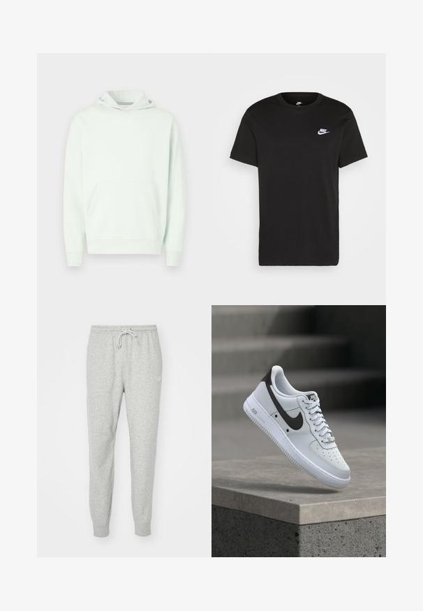 Lichtgroene hoodie met een voorzak, geribbelde boorden en zoom. Heeft een klein wit logo op de borst. Zachte stoftextuur.; Zwart katoen T-shirt met korte mouwen, ronde hals en een klein wit Nike-logo op de bovenste linkerborst. Gladde textuur. Klassieke pasvorm.; Grijze sweatpants gemaakt van zacht materiaal met een elastische tailleband, een trekkoordsluiting en ribgebreide boorden. Voorzien van een klein logo aan de zijkant.; Witte Nike Air Force 1 sneaker met zwart swoosh-logo, zwevend boven een betonnen richel met vervaagde trappen op de achtergrond.
