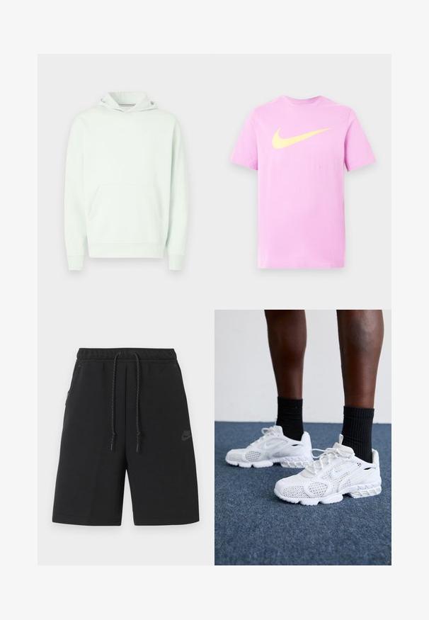 Light green hoodie with a front pouch pocket, ribbed cuffs, and hem. Features a small white logo on the chest. Soft fabric texture.; Light purple short-sleeve t-shirt with a large yellow Nike swoosh logo centered on the chest.; Black Nike athletic shorts with elastic waistband, drawstring, side pockets, and subtle logo on left thigh.; White athletic shoes with mesh upper, textured accents, and cushioned sole. Paired with black ribbed ankle socks on a blue carpeted surface.