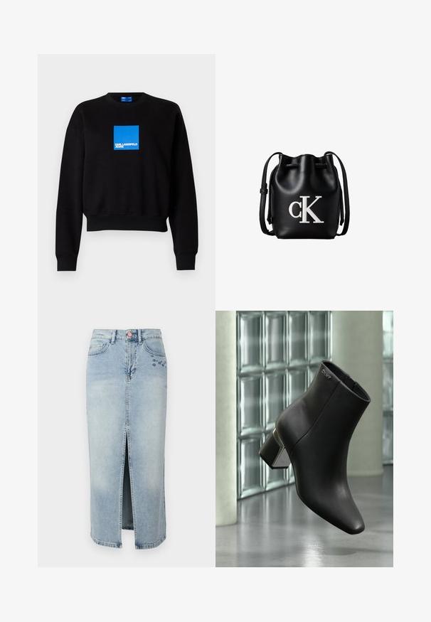 Schwarzer Sweatshirt mit einem kurvenförmigen Design, das ein blauen Quadratlappenlogo enthält, auf dem "KARL LAGERFELD JEANS" steht. Hergestellt aus einer weichen Baumwollmischung.; Fabienne Chapot CARLYNE SKIRT - Jeansrock - light blue tinted; Schwarzer Leder-Stiefelette mit Blockabsatz, DKNY-Logo nahe oben, dargestellt vor einer Glasblockwand und poliertem Betonboden.; Schwarze Leder-Bucket-Bag mit Kordelzugverschluss oben und weißem "cK" Logo auf der Vorderseite, mit verstellbarem Schulterriemen.