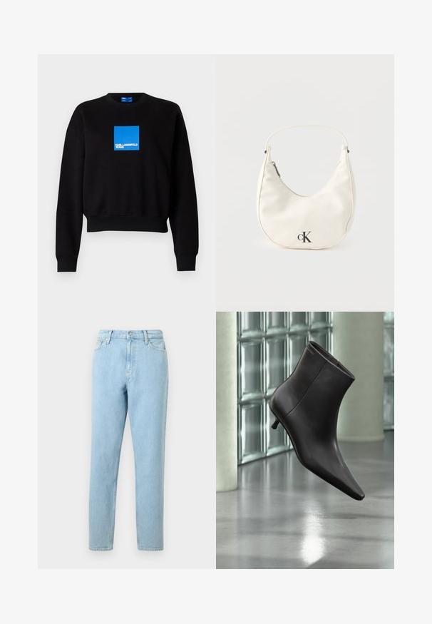Must mustra, millel on lühendatud disain, sinise ruudukujulise logoga, kus on kirjas "KARL LAGERFELD JEANS". Valmistatud pehmest puuvillasegusest materjalist.; Heledad sinine teksapükste lõige, sirge jala fit, viie tasku disain ja nööbikinnitus. Omavad peent kulumist ja siledat tekstuuri.; Mustast nahast pahkluu saabas terava varbaotsaga ja väikese kontsaga, esitletud klaasplokkidest seina ja poleeritud põranda taustal.; Väike valge poolkuu-kujuline käekott lühikese sangaga, lukuga ja musta "cK" logoga esiküljel.