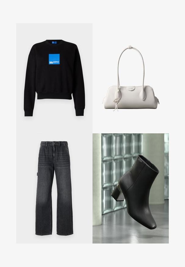 Sort sweatshirt med en cropped design, der har et blåt kvadratisk logo, som inkluderer "KARL LAGERFELD JEANS." Fremstillet af blød bomuldsblanding.; Bredde bukser i mørkegrå denim med høj talje, forlommer og diskret slidmærker på lårene. Kontrastsyning.; Sort læderankelstøvle med blokhæl, DKNY-logo nær toppen, vist foran en glasblokvæg og poleret betongulv.; Hvid Calvin Klein skuldertaske med lange håndtag, rektangulær form, lynlåslukning og dekorativt logohæng tæt på håndtaget.
