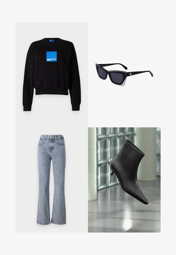 Must mustra, millel on lühendatud disain, sinise ruudukujulise logoga, kus on kirjas "KARL LAGERFELD JEANS". Valmistatud pehmest puuvillasegusest materjalist.; Laiendatud helesinised teksad denimist, millel on kõrge vöökoht, eesmine tasku ja klassikaline viie tasku disain, millel on kerge pleekimine.; Mustast nahast pahkluu saabas terava varbaotsaga ja väikese kontsaga, esitletud klaasplokkidest seina ja poleeritud põranda taustal.; Mustad suured mustad prillid geomeetrilise kujuga, tumedate läätsedega ja kontrastse halli detailiga raamidel. Logo käe peal.