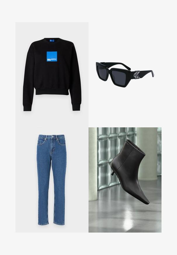 Čierna mikina s kratším strihom, s modrým štvorcovým logom, ktoré obsahuje text "KARL LAGERFELD JEANS." Vyrobená z mäkkej zmesi bavlny.; Modré džínsy s rovnými nohavicami, s vysokým pásom, prednými vreckami a viditeľným šitím pozdĺž švov.; Čierna kožená členková obuv s ostrou špičkou a nízkym podpätkom, zobrazená na pozadí steny zo sklenených blokov a leštenej podlahy.; Čierne slnečné okuliare s hranatým rámom, tmavé šošovky, matný povrch a strieborný detail loga CK na bočnej strane.
