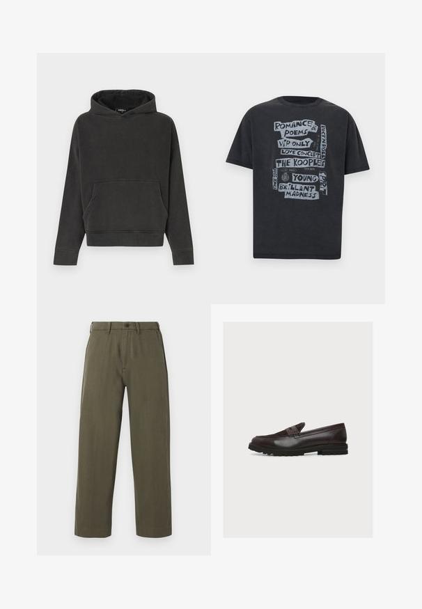 Μαύρο φαρδύ hoodie με τσέπη καγκουρό και μακριά μανίκια, βαμβακερό ύφασμα, απλωμένο επίπεδα σε λευκό φόντο.; Μαύρο T-shirt με κοντά μανίκια και γκρι κείμενο σε στυλ χειρόγραφης γραφής που περιλαμβάνει φράσεις όπως «Ρομαντισμός & Ποιήματα», «Μόνο για VIP» και «The Kooples».; Ευθείες παντελόνι σε ελιά πράσινο με θηλιές για ζώνη, μπροστινό κλείσιμο με κουμπί και πλαϊνές τσέπες, παρουσιάζεται σε λευκό φόντο.; Σκούρο καφέ δερμάτινη μοκασίνι με σουέτ επάνω μέρος, λουράκι για κέρμα, ραφές και χοντρή λαστιχένια σόλα με σχέδιο πέλματος, εμφανιζόμενη σε πλευρική όψη.
