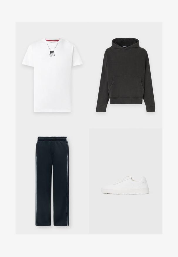 Μαύρο φαρδύ hoodie με τσέπη καγκουρό και μακριά μανίκια, βαμβακερό ύφασμα, απλωμένο επίπεδα σε λευκό φόντο.; Λευκό T-shirt με κοντά μανίκια, με τυπωμένες ταυτότητες σκύλου που κρέμονται από αλυσίδα με μπίλιες γύρω από την περιοχή του λαιμού.; Μαύρο αθλητικό παντελόνι με ελαστική μέση και λευκές πλαϊνές ρίγες, παρουσιάζεται επίπεδα πάνω σε ανοιχτό φόντο.; Λευκό αθλητικό παπούτσι με λείο δερμάτινο επάνω μέρος, στρογγυλή μύτη, κορδόνια, υφή στα πλαϊνά και παχύ καουτσούκ πάτο. Μινιμαλιστικός σχεδιασμός.