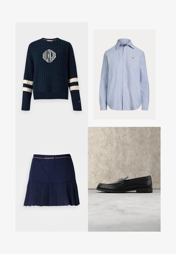Mørkeblå strikket sweater med kabelmønster, der har et hvidt broderet logo ved brystet og cremefarvede striber på ærmerne.; Lyseblå skjorte med lange ærmer og knapper, med spids krave og lille broderet logo på venstre bryst.; Marineblå plisseret nederdel med elastisk talje og et hvidt og pink Lacoste-logo. Fremstillet af glat, letvægtsstof.; Sorte læder loafers med en hævet søm, guld accentlogo og tekstureret rem. Har en tykk, holdbar gummisål.