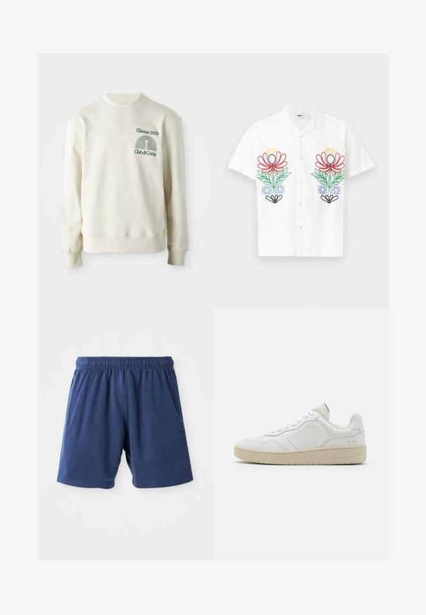 Kreemivärvi sviiter ribatud krae ja mansettidega; sisaldab rohelist tikitud logo "Ellesse 1959" koos disainielementidega rinnal.; Valge lühikeste varrukatega nööpidega särk, millel on mõlemal rinnapoolsel küljel punase, kollase, rohelise, sinise ja musta lilletikand.; Tumesinised lühikesed püksid, mis on valmistatud pehmest puuvilla segust, elastse vöökoha, küljetaskute ja sirge lõikega. Ideaalne igapäevaseks kandmiseks.; Valged nahast spordijalatsid tekstuurse viimistlusega ja pehmendatud kaelusega. Omab beeži kummist tallat ja diskreetset brändingut kandade ja külgede peal.