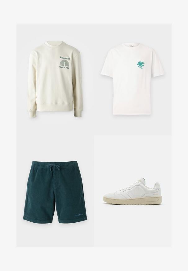 Crème-kleurige sweatshirt met geribbelde kraag en manchetten; voorzien van groene geborduurde logo "Ellesse 1959" met ontwerpelementen op de borst.; Witte T-shirt met korte mouwen met een klein groen abstract golf- en berglogo op de linkerborst, tegen een effen achtergrond.; Donkerblauwe corduroy zwembroek met een elastische tailleband en trekkoord. Bevat een logo op het rechteronderbeen. Glad oppervlak, knielange pasvorm.; Witte leren sneakers met een gestructureerde afwerking en een gevoerde kraag. Voorzien van een beige rubberen zool en subtiele branding op de hiel en zijkant.