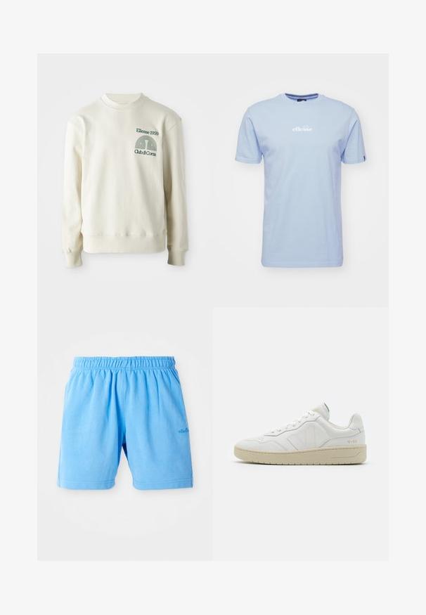Cremfarbener Pullover mit geripptem Kragen und Bündchen; verfügt über ein grünes gesticktes Logo "Ellesse 1959" mit Designelementen auf der Brust.; Hellblaue Baumwoll-T-Shirt mit kurzen Ärmeln, ausgestattet mit einem weißen "ellesse"-Logo auf der Brust und einem runden Halsausschnitt.; Helle blaue Baumwollshorts mit einem elastischen Bund, entworfen mit einer lockeren Passform. Mit doppelt genähten Säumen und einem kleinen Logo-Akzent.; Weiße Leder-Sneaker mit strukturierter Oberfläche und gepolstertem Kragen. Sie verfügen über eine beigen Gummisohle und dezente Markenkennzeichnung an der Ferse und an der Seite.