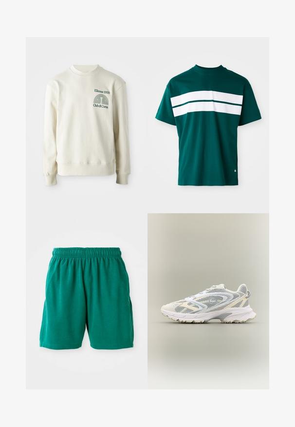 Crème-kleurige sweatshirt met geribbelde kraag en manchetten; voorzien van groene geborduurde logo "Ellesse 1959" met ontwerpelementen op de borst.; Teal katoenen t-shirt met een ronde hals, korte mouwen en horizontale witte strepen over de borst. Licht getailleerde pasvorm.; Groene katoenen shorts met een elastische tailleband, zijzakken en gestikte zoom. Gladde textuur met een ontspannen, casual pasvorm.; Witte sportschoen met grijze netpanelen, gestructureerde overlays, een gepolsterde kraag en een rubberen zool met kleine tractiespitten.