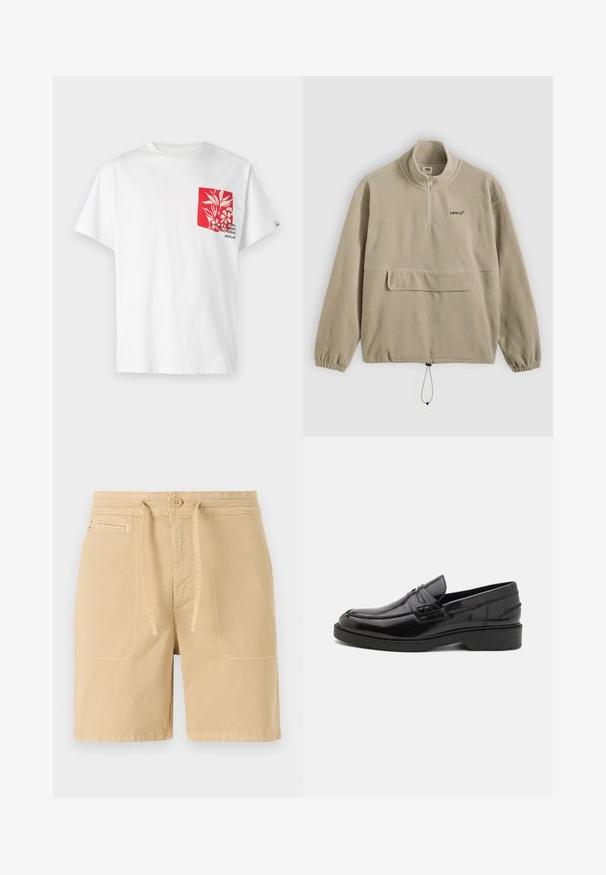 Beige fleece-pullover med halv lynlås ved kraven, frontlomme, elastiske manchetter og justerbar kant med snor. Har sort logo-mærkning.; Hvid bomulds-T-shirt med en rød lomme, der har blomsterdesign og tekst. Korte ærmer, rund hals og afslappet pasform.; Beige shorts lavet af bomuld, med snor i taljen, frontlommer og synlige sømme. Enkel, afslappet design.; Sorte læder loafers med en glat finish, rund tå, lav hæl og dekorativ syning langs forsiden. Gummisål for godt greb.