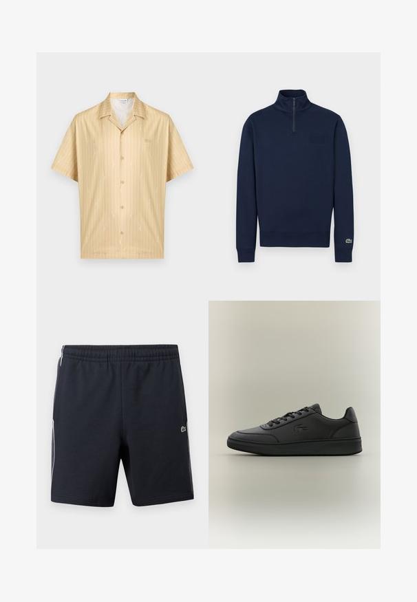 Sweat-shirt marine à demi-fermeture éclair avec col montant, poignets côtelés, petit logo embossé sur la poitrine et logo crocodile vert sur le poignet de la manche gauche.; Chemise beige à manches courtes avec des fines rayures verticales blanches et des motifs brodés blancs subtils, dotée d'un col de style camp.; Shorts de sport noirs avec une taille élastique, des bandes blanches sur les côtés et un petit logo de crocodile vert sur la jambe droite.; Baskets noires en matériau synthétique lisse, avec un design bas, bout rond, système de laçage à l'avant, logo en relief et semelle texturée.