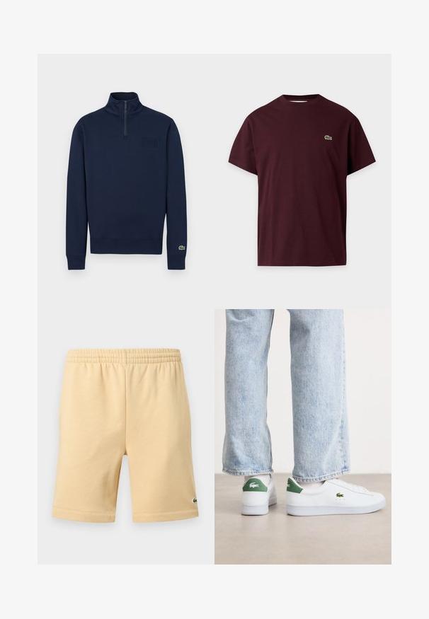 Sweat-shirt marine à demi-fermeture éclair avec col montant, poignets côtelés, petit logo embossé sur la poitrine et logo crocodile vert sur le poignet de la manche gauche.; T-shirt bordeaux à manches courtes et col rond avec un petit logo vert de crocodile sur la poitrine gauche sur fond blanc.; Shorts décontractés beige avec taille élastique et petit logo vert brodé en bas de la jambe droite.; Baskets blanches en cuir avec des accents verts sur le talon et un logo brodé. Texture lisse, design basse-tongue, associées à un jean bleu clair.