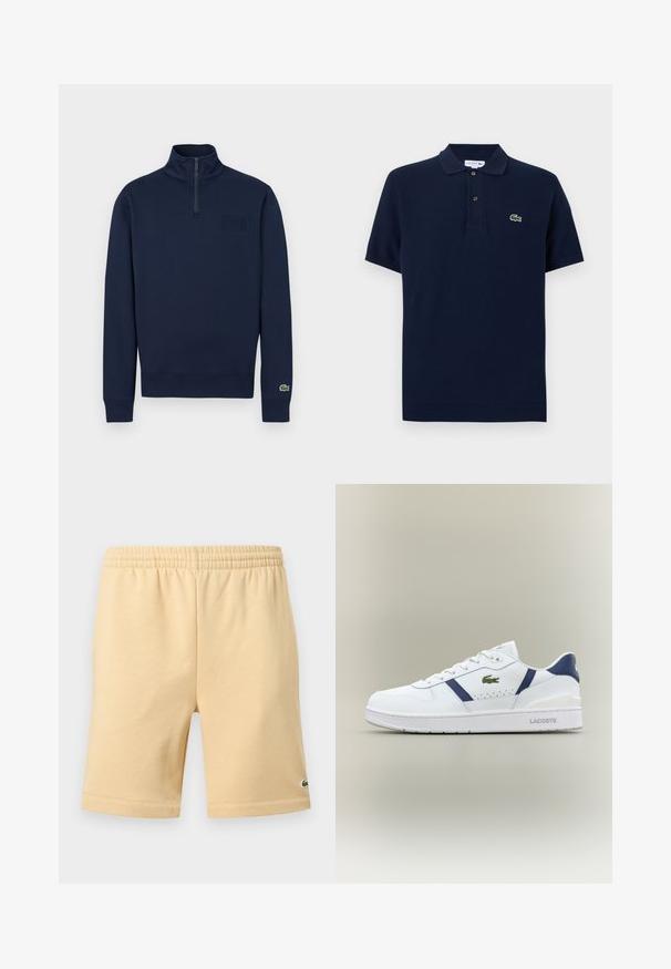 Marineblauwe quarter-zip sweater met hoge kraag, geribbelde manchetten, klein geperst logo op de borst en groen krokodillenlogo op de linker mouwmanchet.; Marineblauw poloshirt met korte mouwen, een knoopsluiting met twee knoppen en een klein groen krokodillenlogo op de linkerborst.; Beige casual shorts met elastische tailleband en klein geborduurd groen logo op het rechteronderbeen.; Witte Lacoste sneaker met marineblauwe accenten, groen krokodillenlogo, vetersluiting en merkschoen op een neutrale achtergrond.