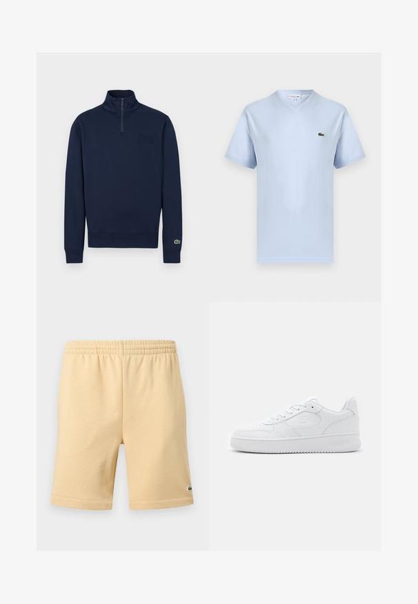 Sudadera azul marino con cremallera de un cuarto, cuello alto, puños acanalados, pequeño logo en relieve en el pecho y logo de cocodrilo verde en el puño de la manga izquierda.; Camiseta azul claro de manga corta con cuello en V y pequeño logo de cocodrilo verde de Lacoste en el pecho izquierdo.; Pantalones cortos casuales beige con cintura elástica y pequeño logo verde bordado en la parte inferior derecha de la pierna.; Zapatilla de cuero blanco con caja de punta perforada, cordones planos y cuello acolchado. Presenta un logotipo grabado en el lateral y suela de goma texturizada.